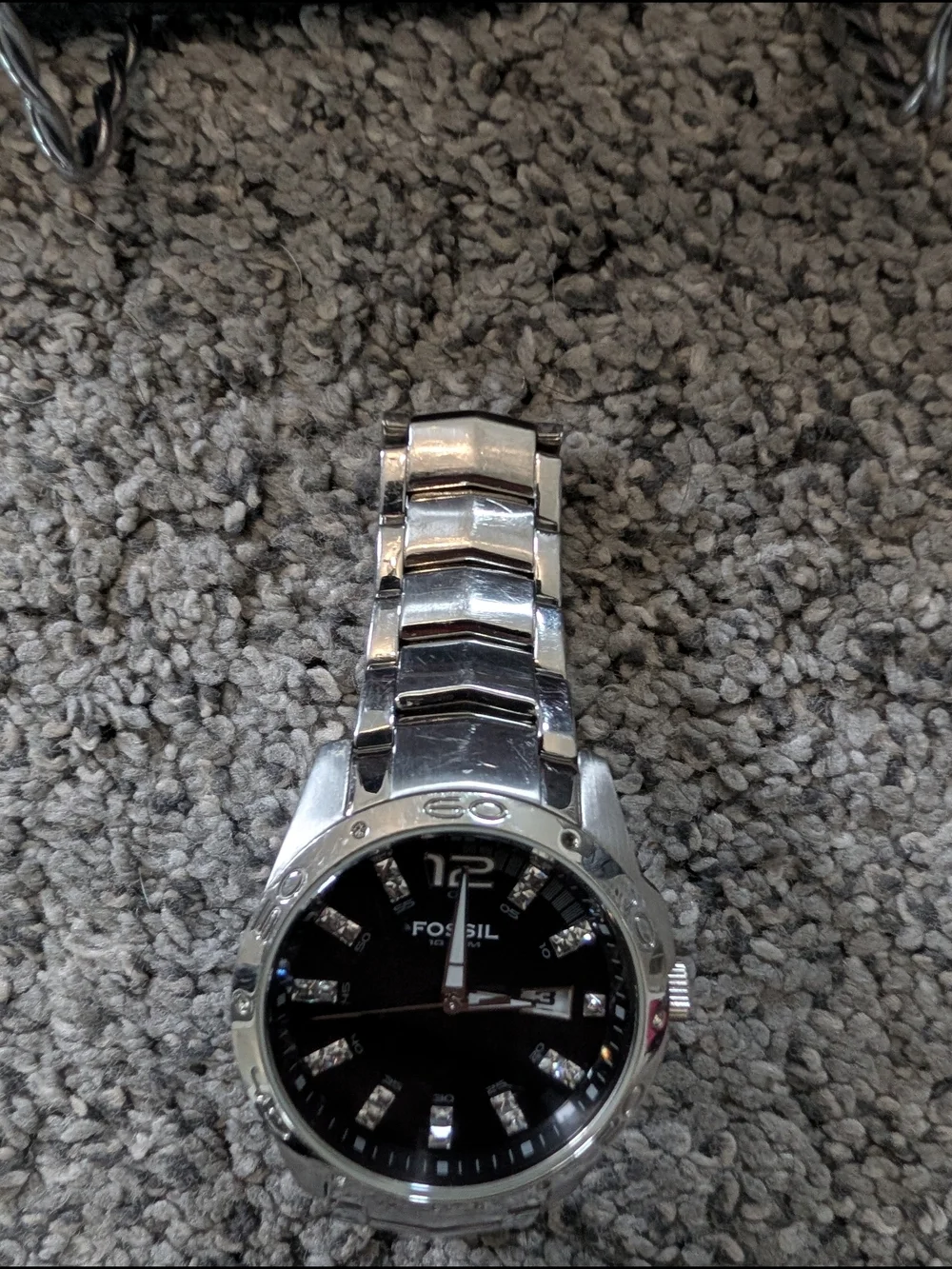 Used Condition Fossil Silver and Black Stainless Steel Diamond Accent Watch